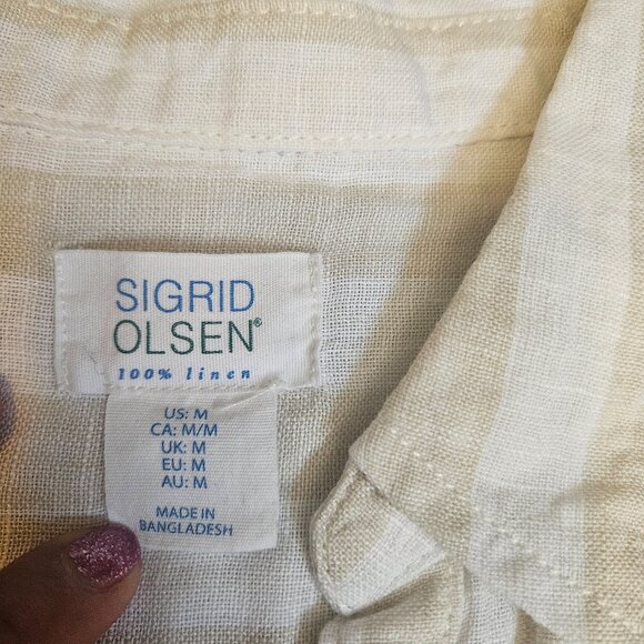 Sigrid Olsen 100% Linen Women's Top SZ Medium stripes Cream Coastal Beach Summer - Picture 4 of 13